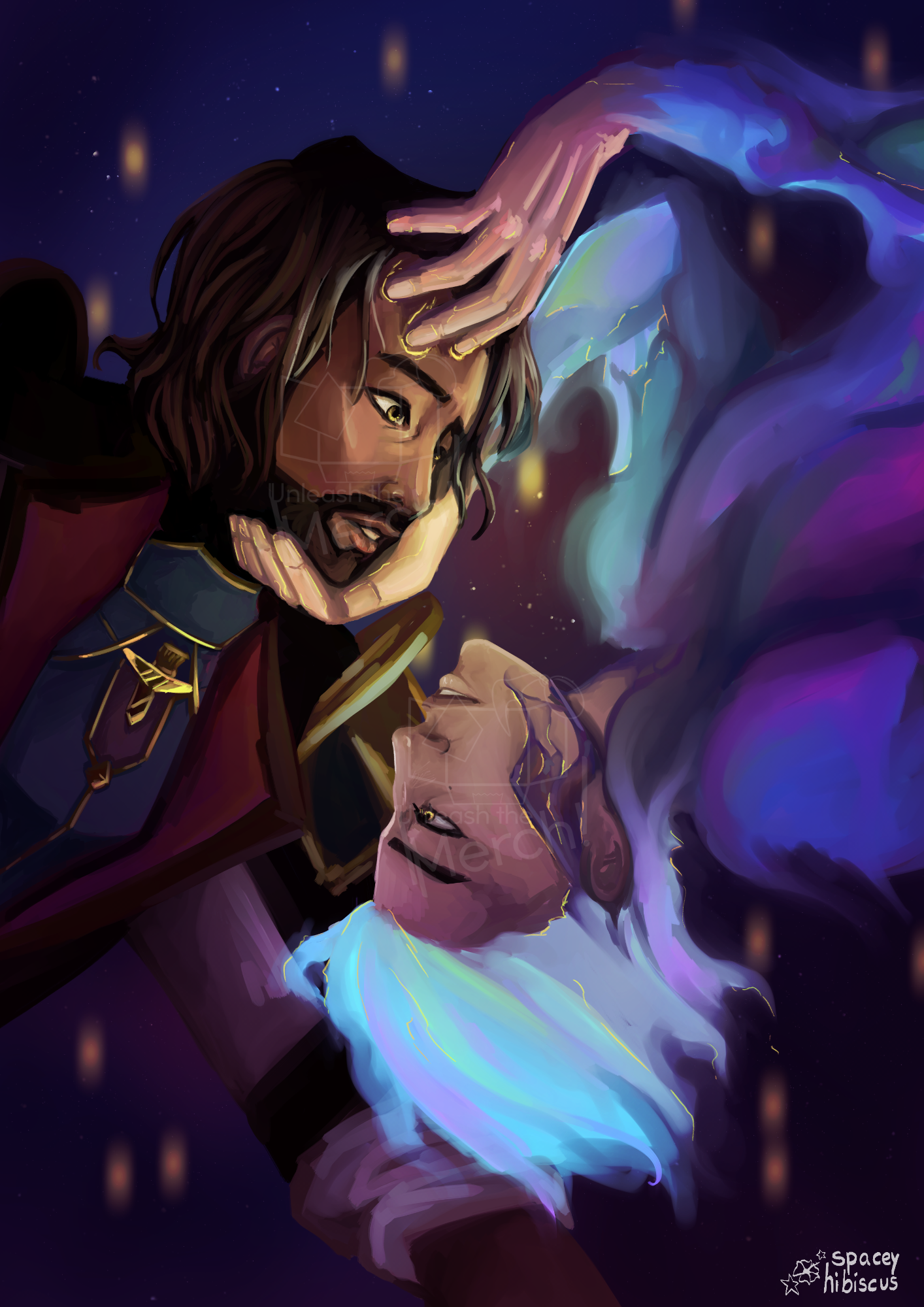 Clear view of the Arcane painting, Viktor touching Jayce similarly to the show's moment. Jayce is confused and alarmed while Viktor has a concentrated and calm face. The background is dark, reminding of a galaxy.