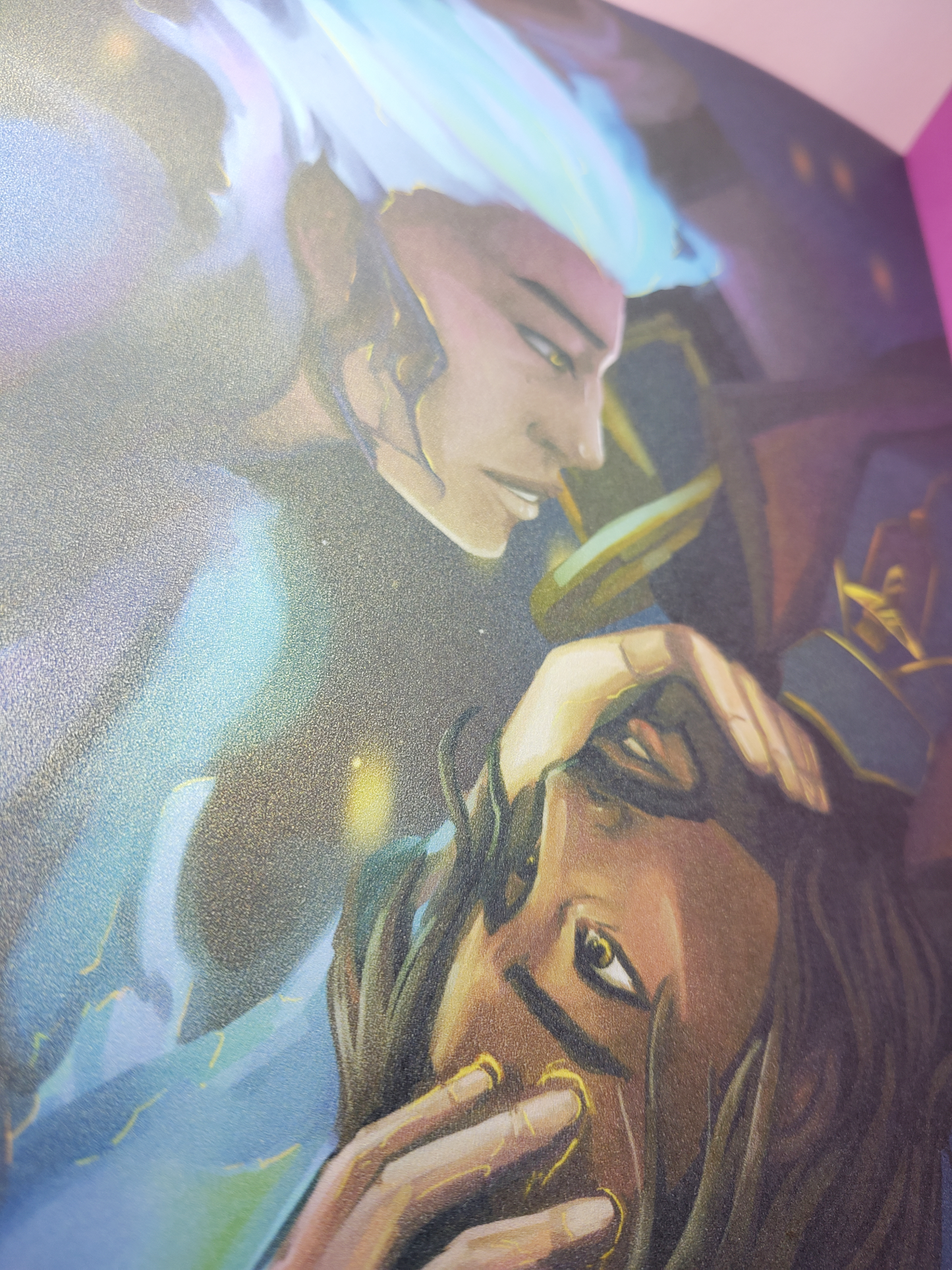 close up photograph of the print, catching the pearlescent texture of the print.