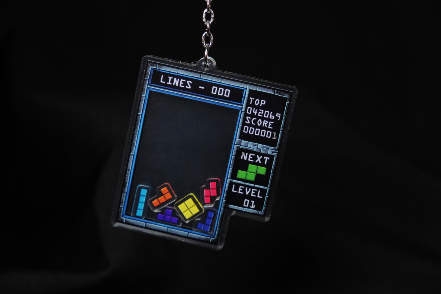 Tetris Shaker Charm - double-sided acrylic keychain with Tetrominos inside