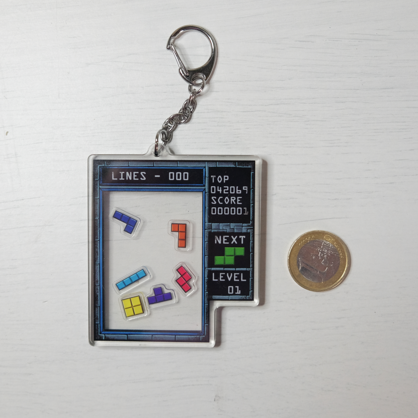 Tetris Shaker Charm - double-sided acrylic keychain with Tetrominos inside