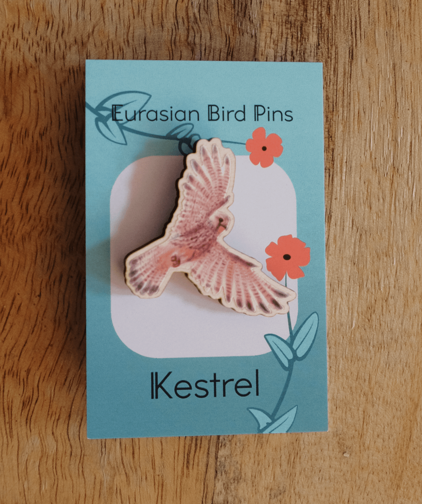 Eurasian Birds: Kestrel - Wooden Pin - Wooden Pin Badges - Unleash The Merch!