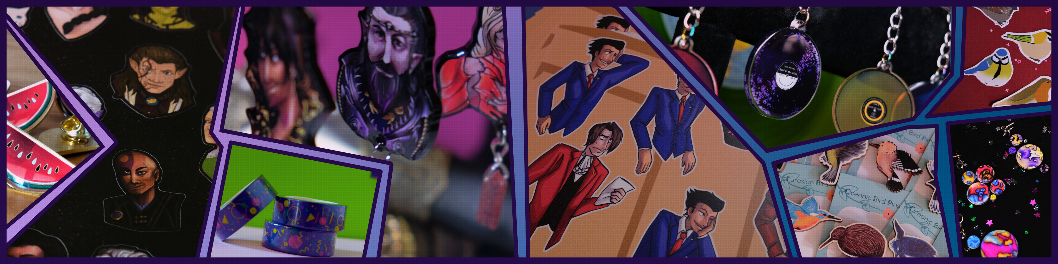 Banner of the Unleash the Merch shop. It's a colorful collage showcasing different products. Each product image has a dark purple corner.