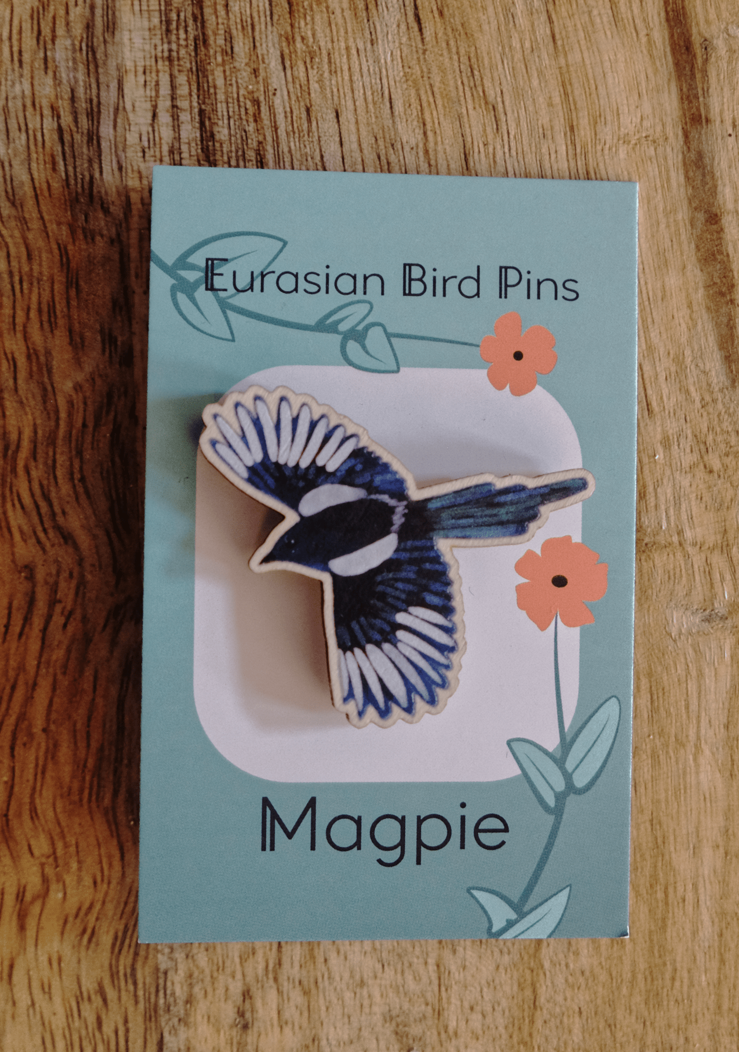 Eurasian Birds: Magpie - Wooden Pin - Wooden Pin Badges - Unleash The Merch!