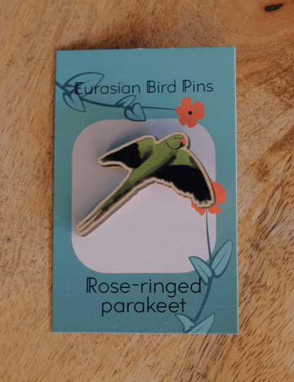 Eurasian Birds: Rose - ringed parakeet - Wooden Pin - Wooden Pin Badges - Unleash The Merch!