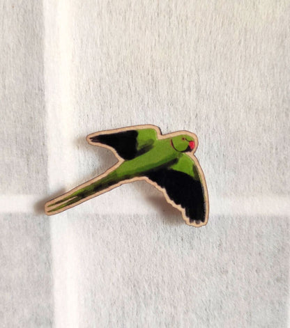 Eurasian Birds: Rose - ringed parakeet - Wooden Pin - Wooden Pin Badges - Unleash The Merch!